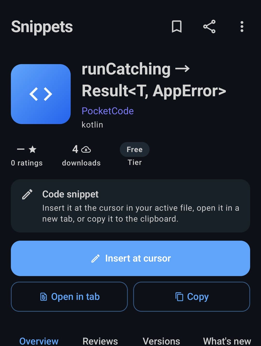 A snippet asset page with its tier, downloads, tags and Insert at cursor action