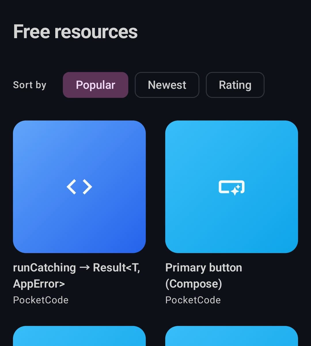 The free resources grid sorted by Popular, Newest or Rating