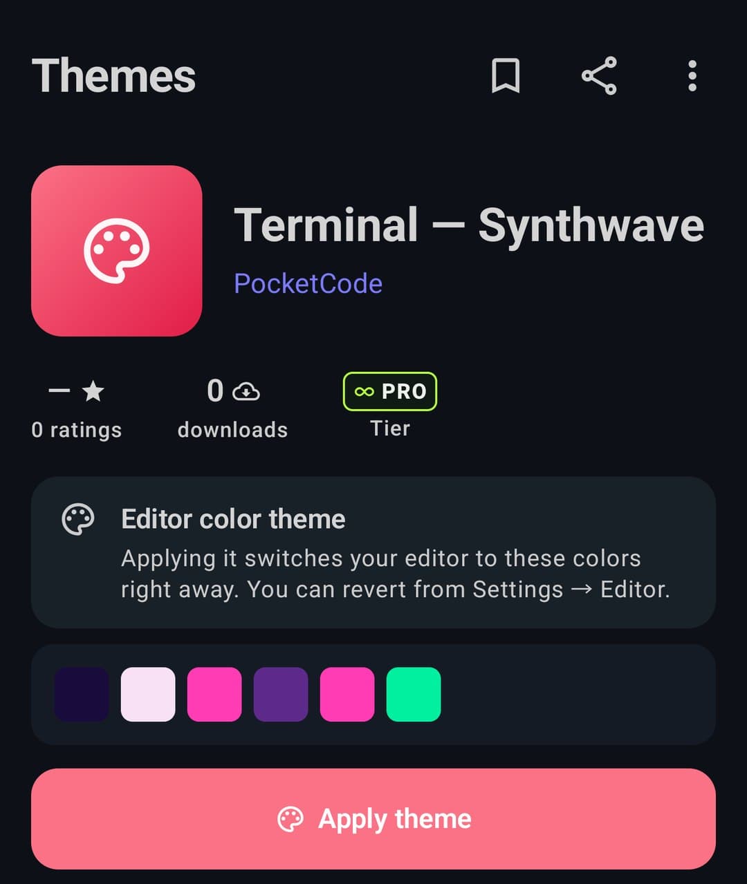 A PRO terminal theme with its colour swatches and an Apply theme button that can be reverted