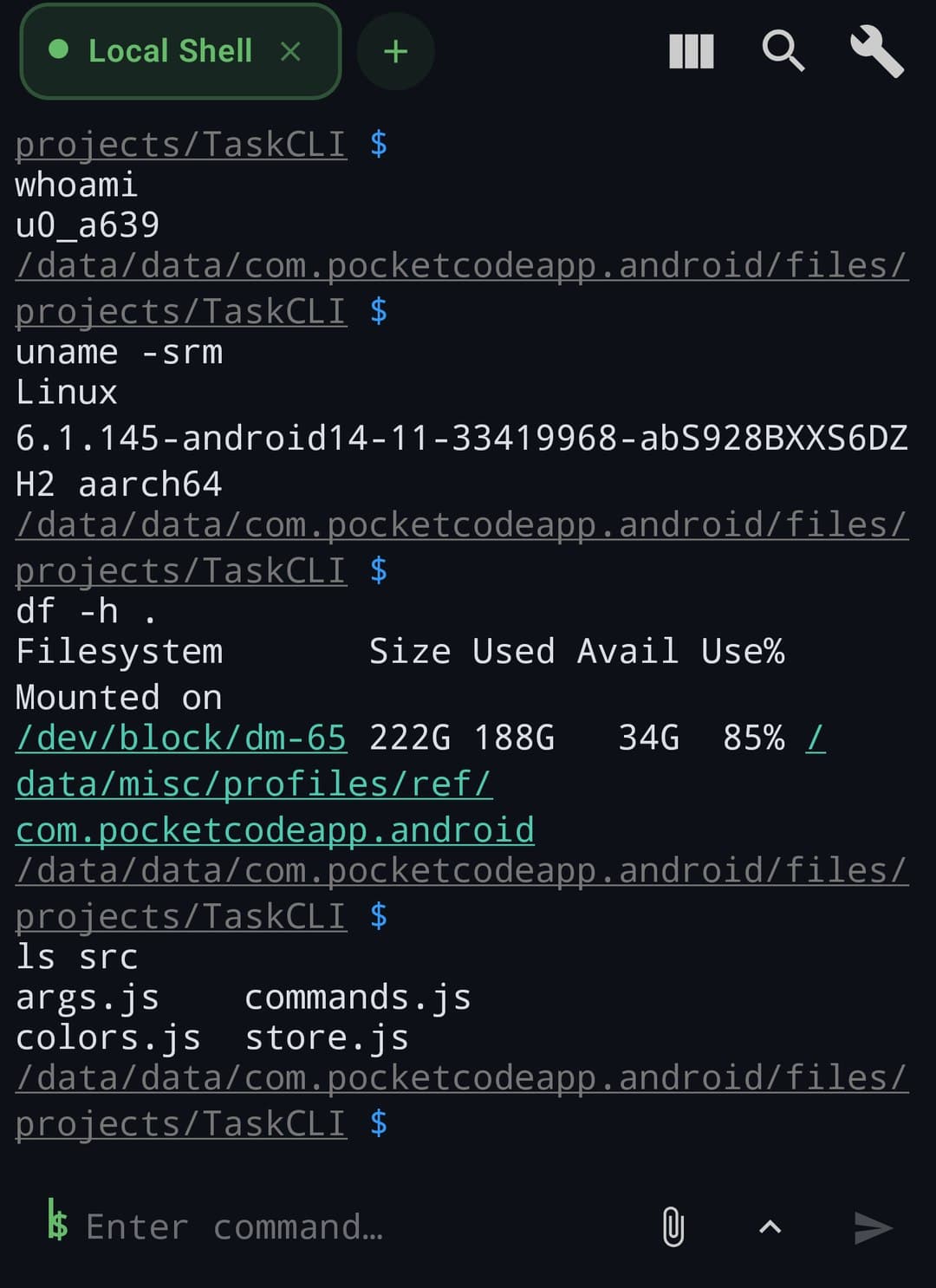 A local shell session showing whoami returning u0_a639, uname -srm reporting Linux aarch64, df -h and a listing of the project source folder