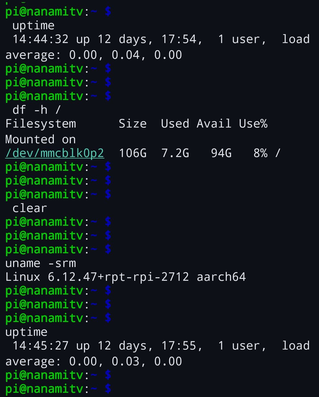 An SSH session on a Raspberry Pi showing uname, uptime and free output at the remote prompt
