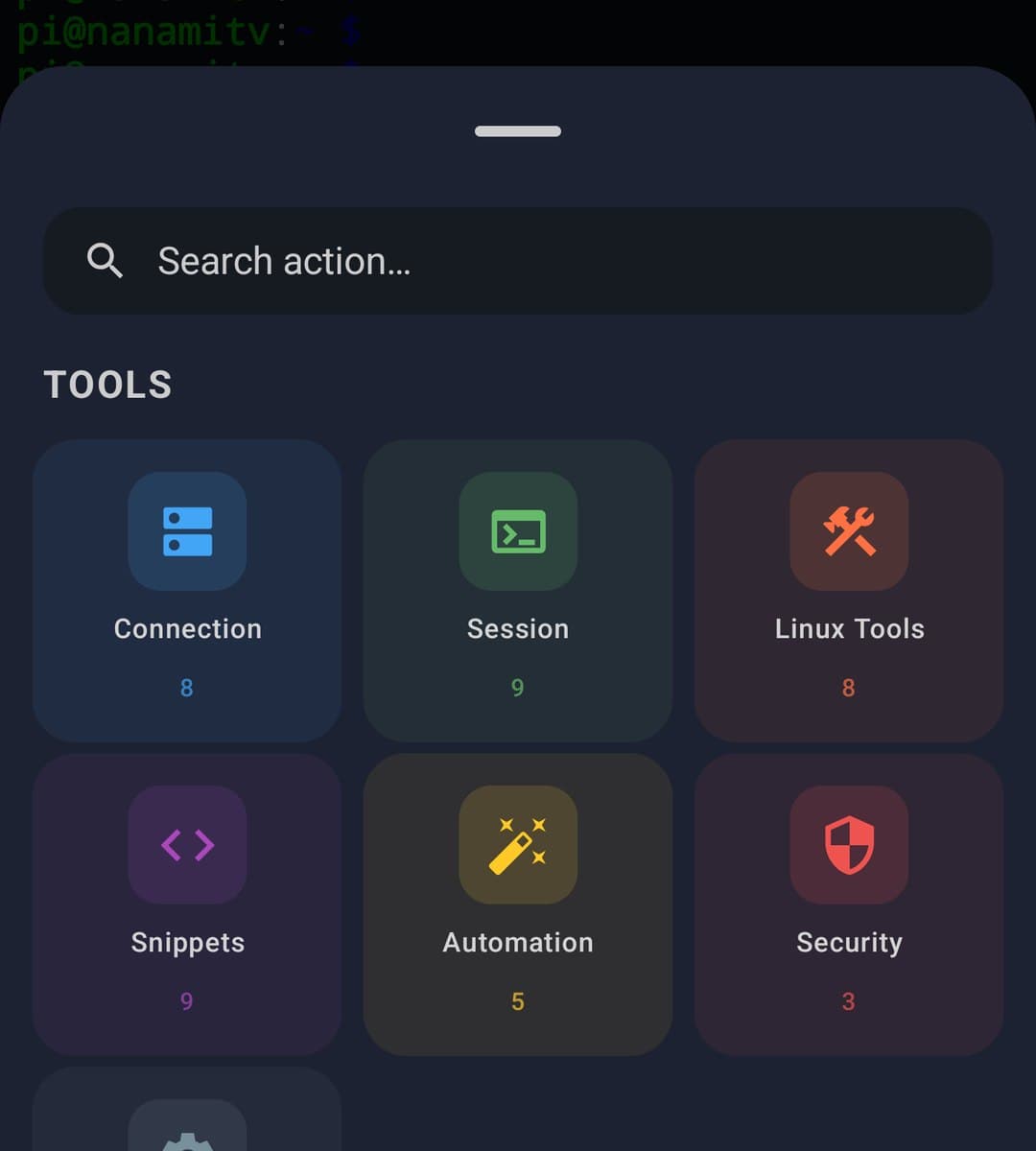 Terminal tool sheet grouped into Connection, Session, Linux Tools, Snippets, Automation, Security and Settings