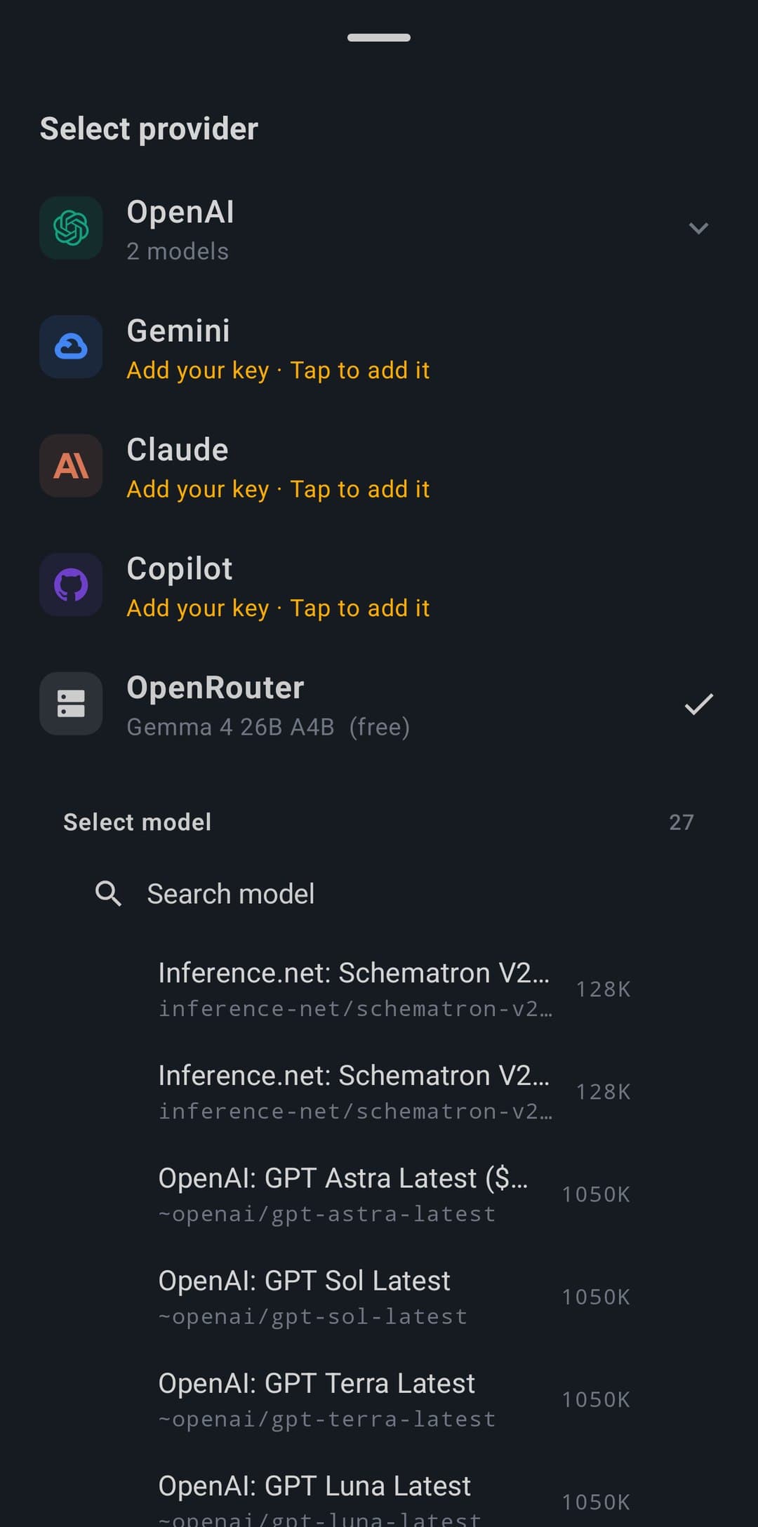 An earlier build of the model picker: providers either connected or offering to add your own key, above a searchable model list with context sizes. The current picker is filled live from each provider