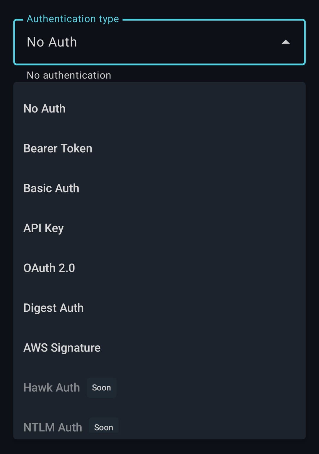 The authentication type dropdown listing Bearer, Basic, API Key, OAuth 2.0, Digest, AWS Signature and Custom