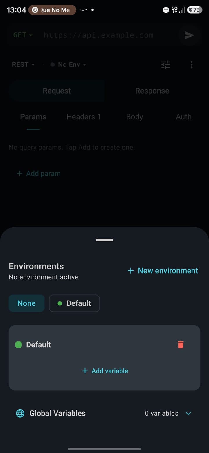 Environments sheet with the None and Default chips, the Default environment card with Add variable, and Global Variables