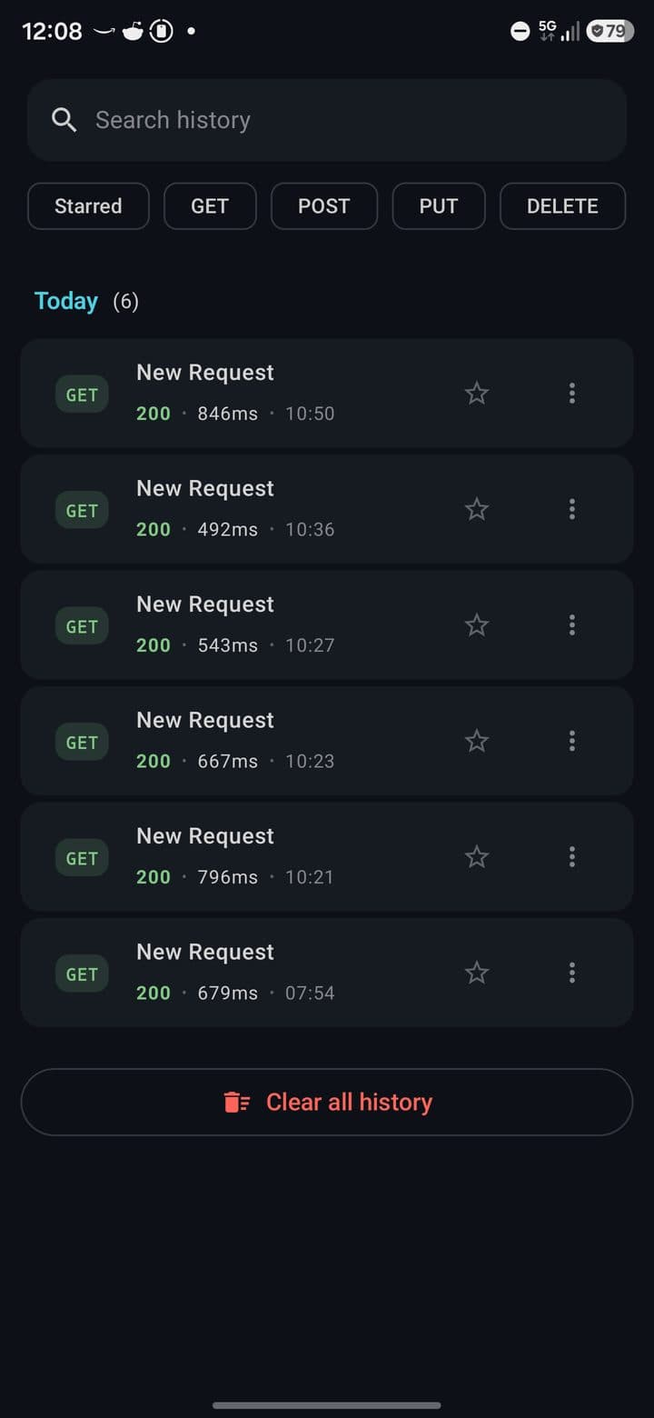 History screen with a search field, the Starred, GET, POST, PUT and DELETE filters, six requests grouped under Today and Clear all history