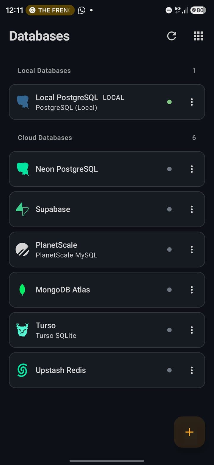 Connections list with Local PostgreSQL first and cloud databases below