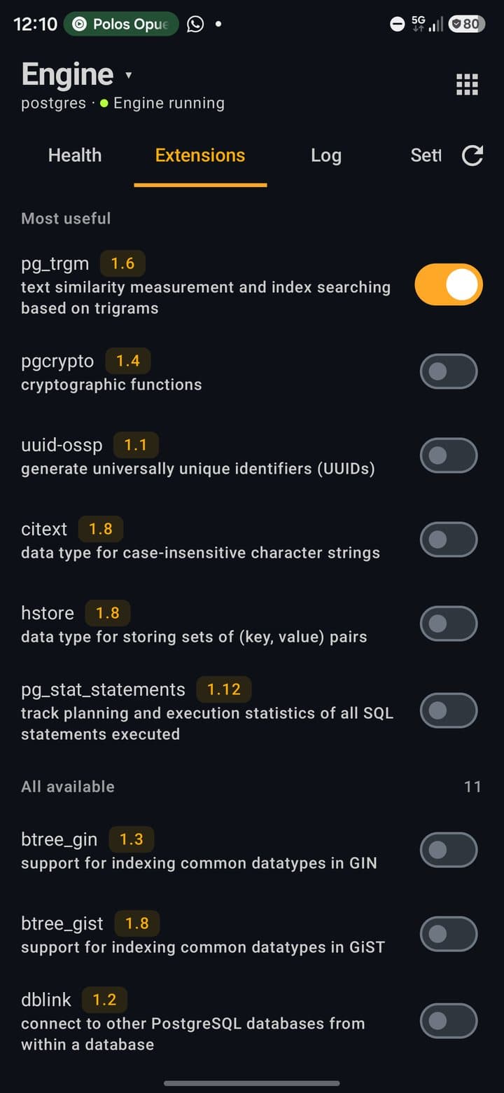 Engine Extensions tab with pg_trgm switched on
