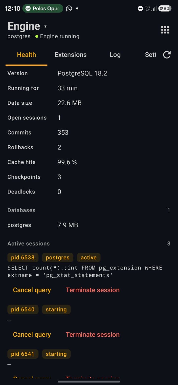 Engine Health tab showing PostgreSQL 18.2, uptime, data size, sessions and cache hits
