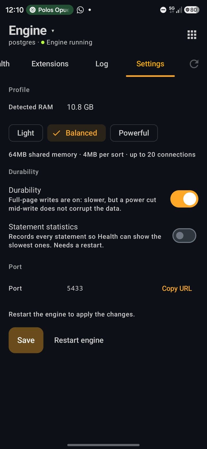 Engine Settings tab with Light, Balanced and Powerful profiles and the Durability switch