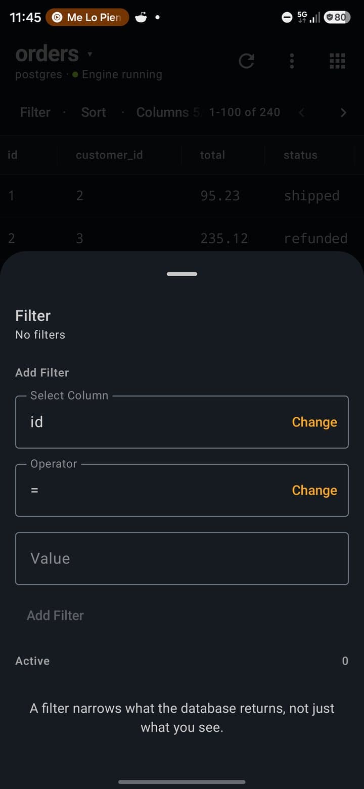 Filter sheet with column, operator and value fields