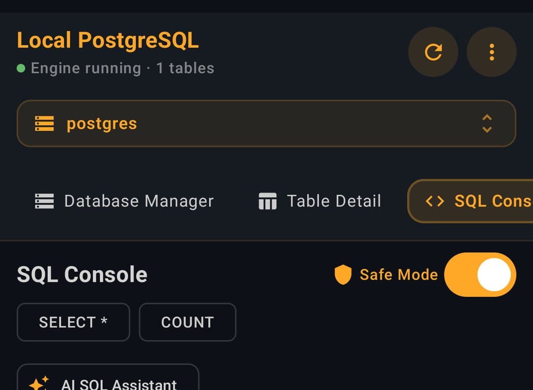 SQL console header with Safe Mode switched on