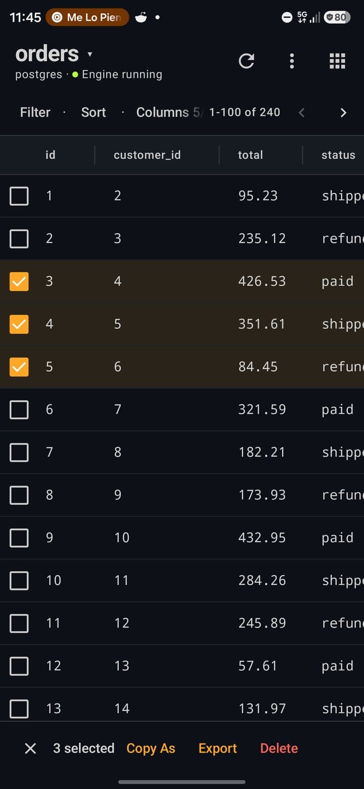 Three selected rows with Copy As, Export and Delete in the bottom bar