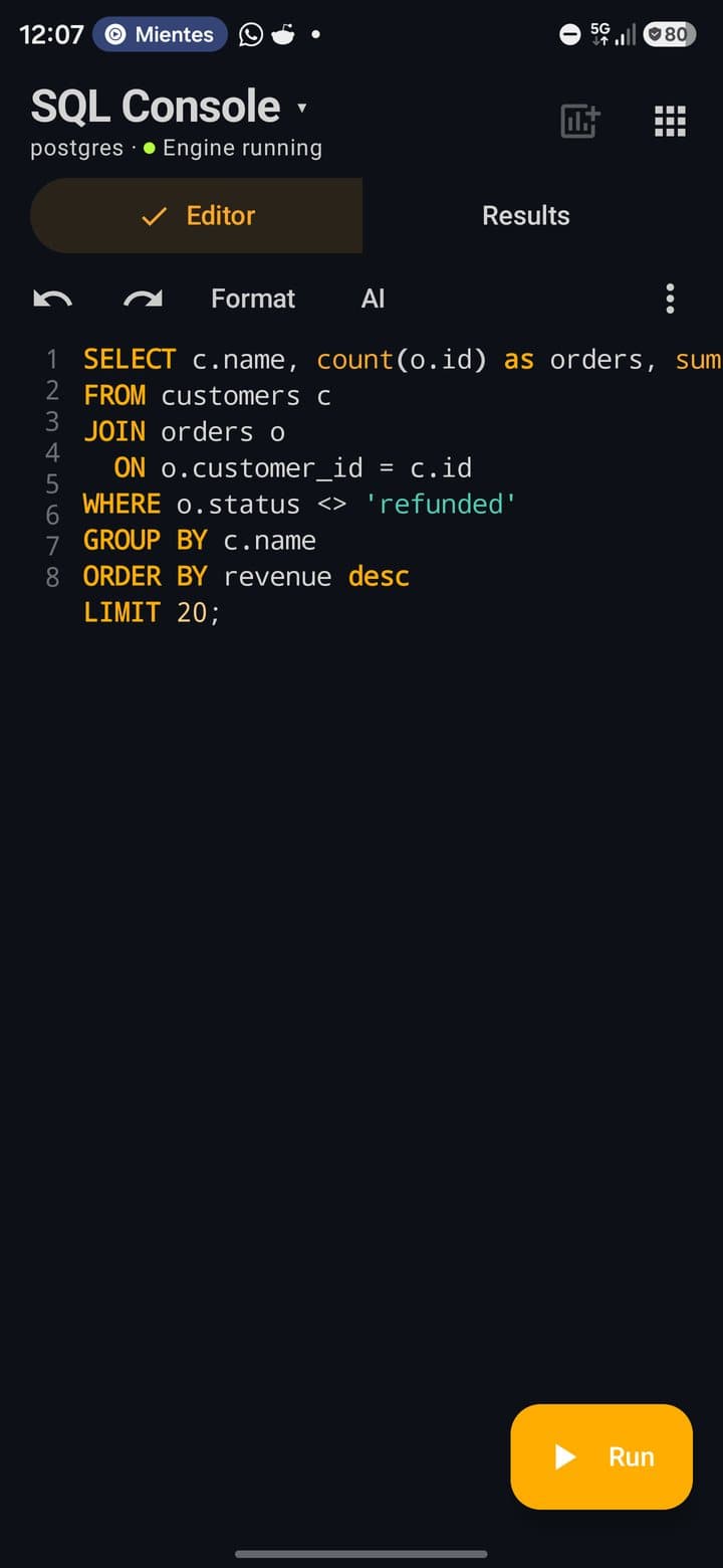 SQL console with a formatted query joining customers and orders