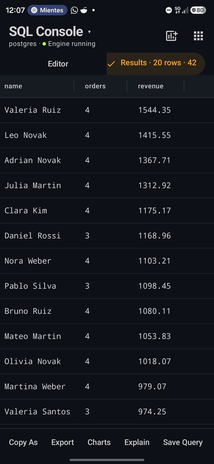 Results: 20 rows with name, orders and revenue columns and the result actions below