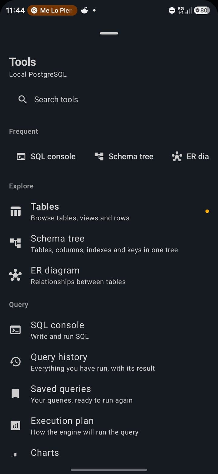 Tools sheet with Frequent, Explore and Query sections