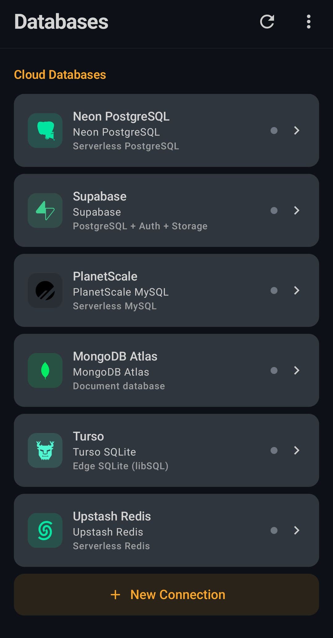 The database connection list with Neon PostgreSQL, Supabase, PlanetScale MySQL, MongoDB Atlas, Turso SQLite and Upstash Redis, each with its engine described