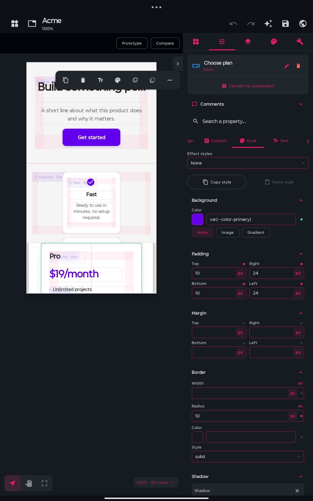 The properties panel with the Style tab open on a selected button