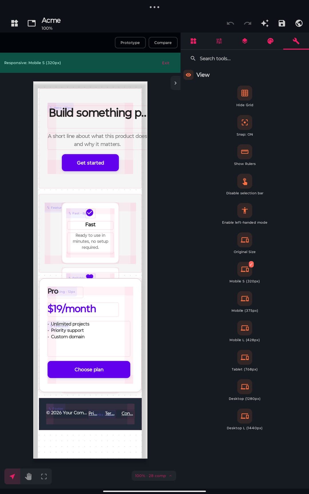The same page previewed at 320 px, with the breakpoint list on the right and the active width ticked