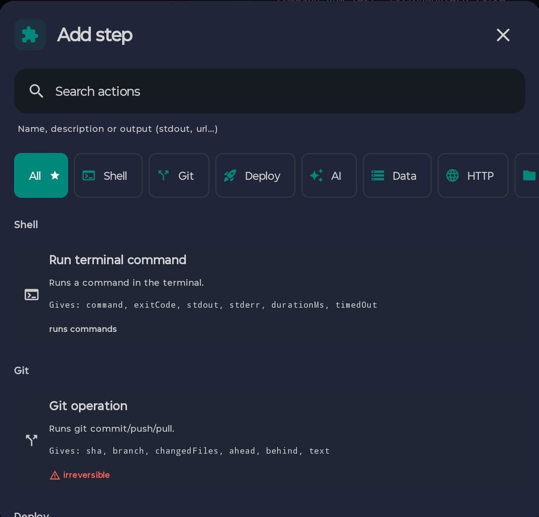 Add step sheet with a search box, category chips and the Run terminal command and Git operation entries showing what they give back