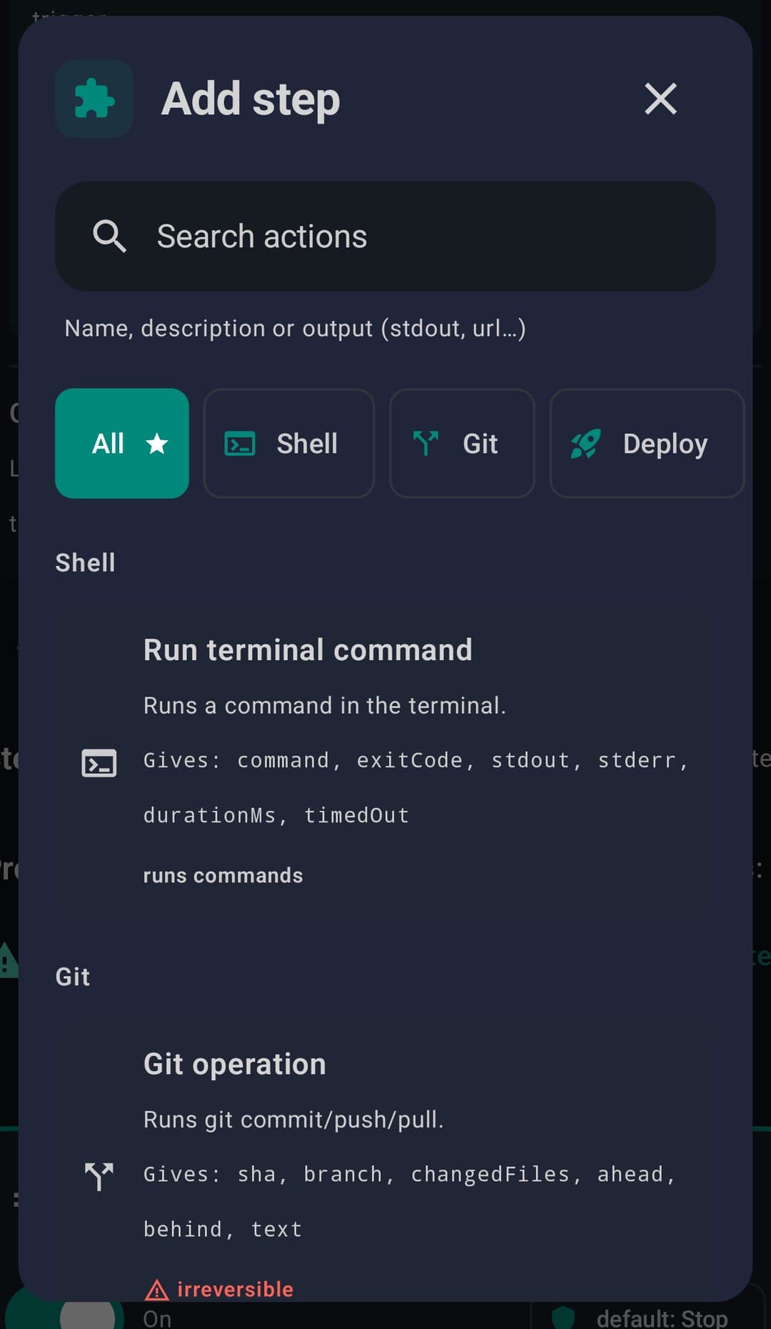 The Add step sheet with a search box, Shell, Git and Deploy category chips, and each action showing what it gives back: command, exitCode, stdout, stderr, durationMs, timedOut