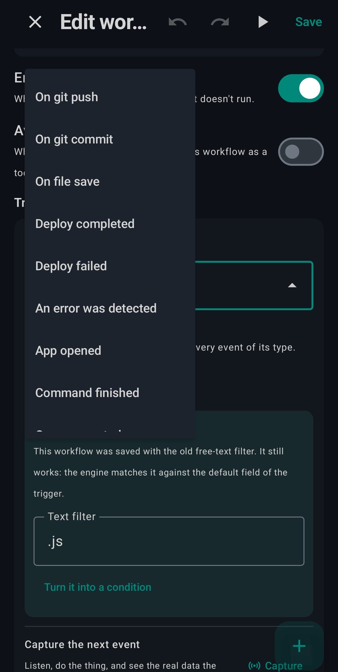 The workflow trigger picker open over a saved trigger, listing On git push, On git commit, On file save, Deploy completed and more, with a .js text filter and a Capture the next event button below
