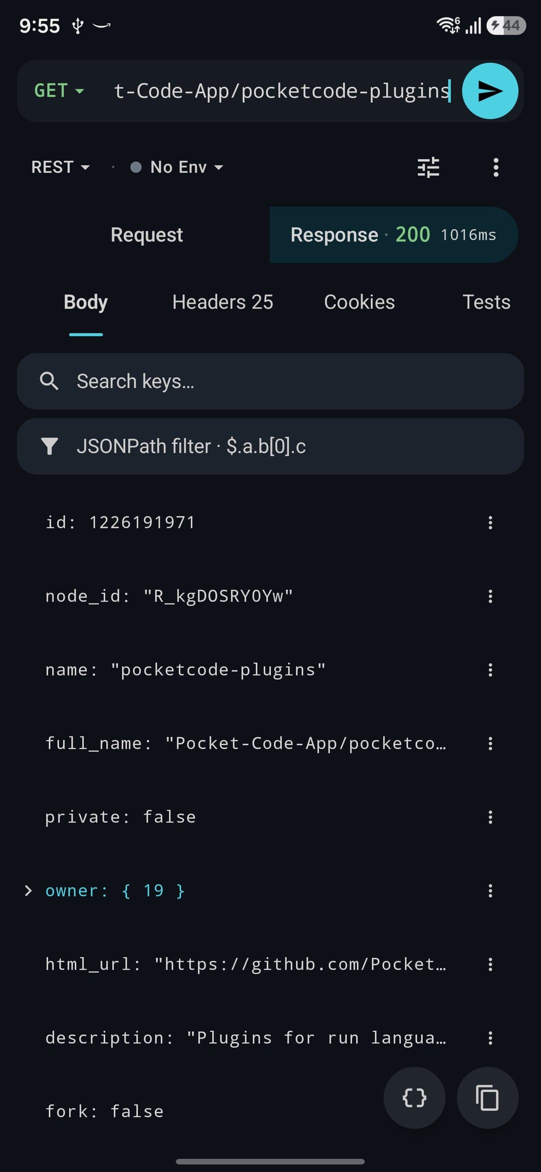 A GET to api.github.com answered 200 in 309 ms, with the JSON response as a foldable tree