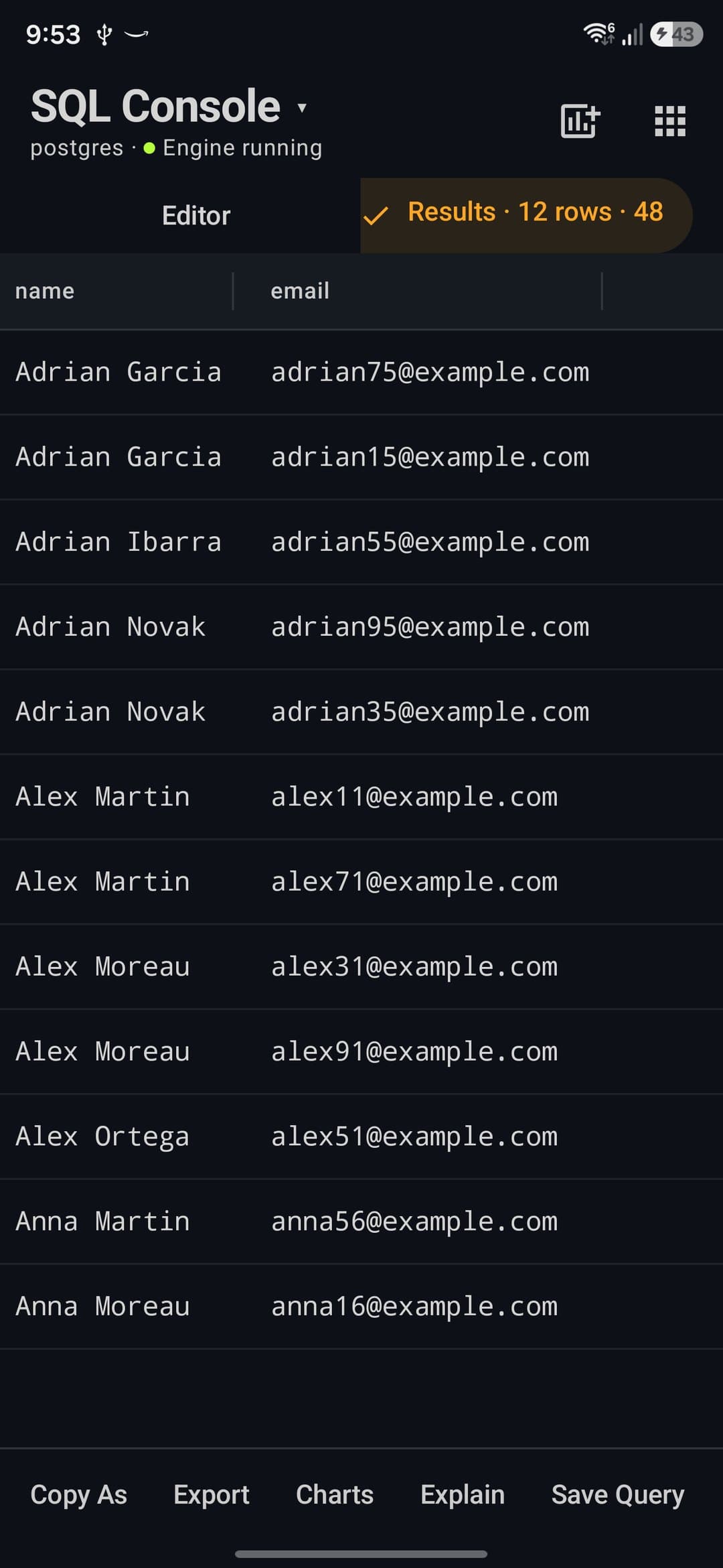 Results: 12 rows with name and email columns and the result actions below
