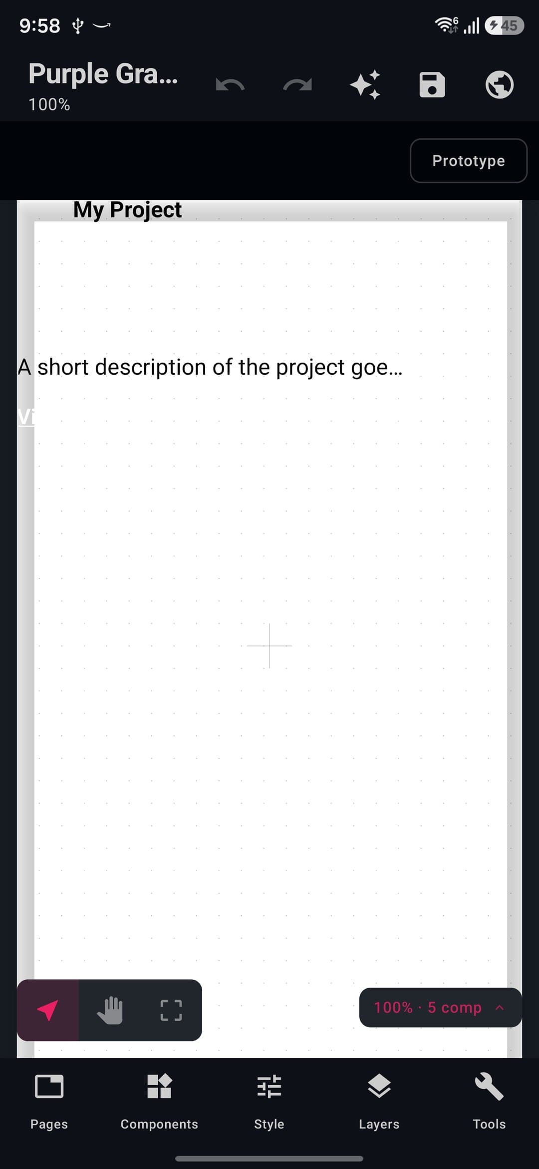 Designer editor on a phone with the canvas, the three tools, the zoom pill, the Prototype chip and the bottom bar Pages, Components, Style, Layers and Tools