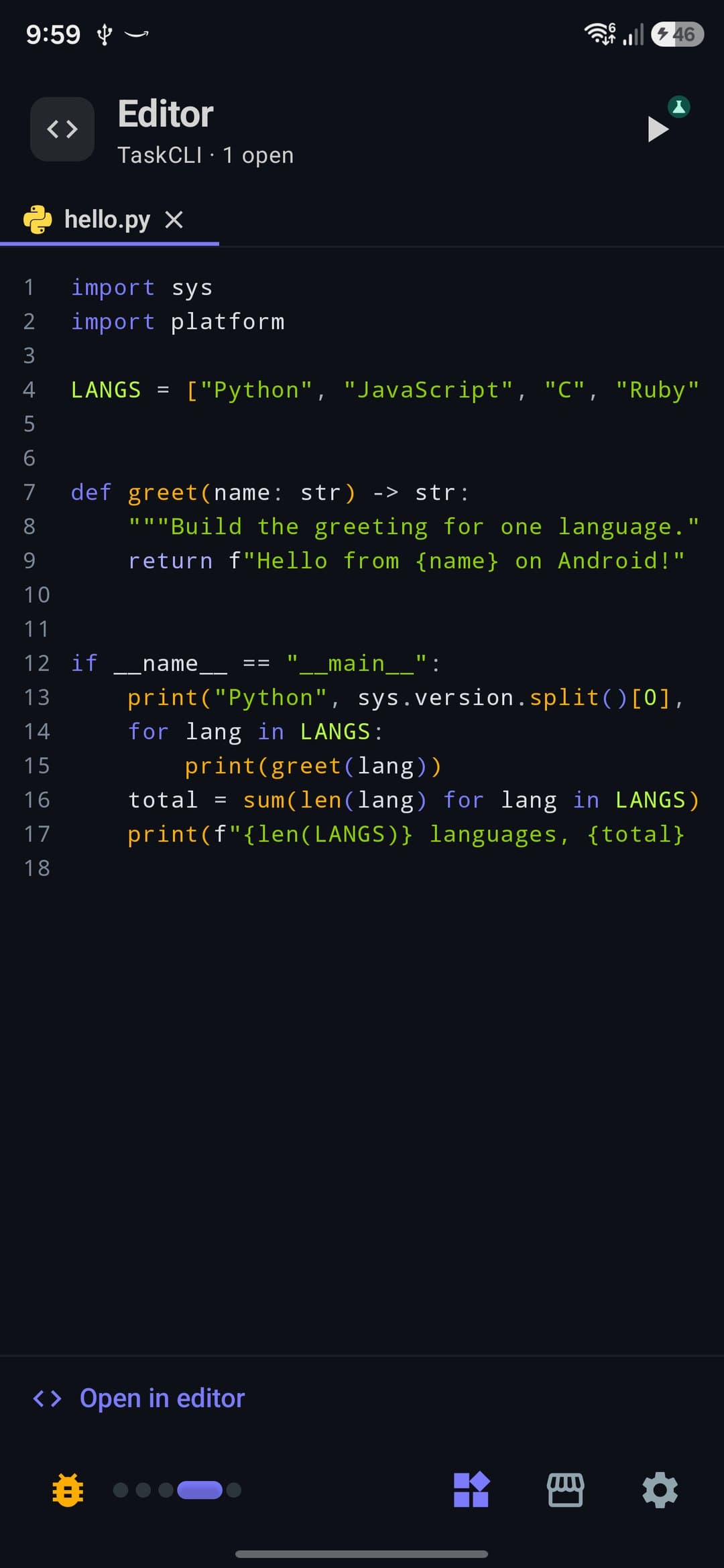 The Editor page of the pager with hello.py open as a tab and the Open in editor button at the bottom