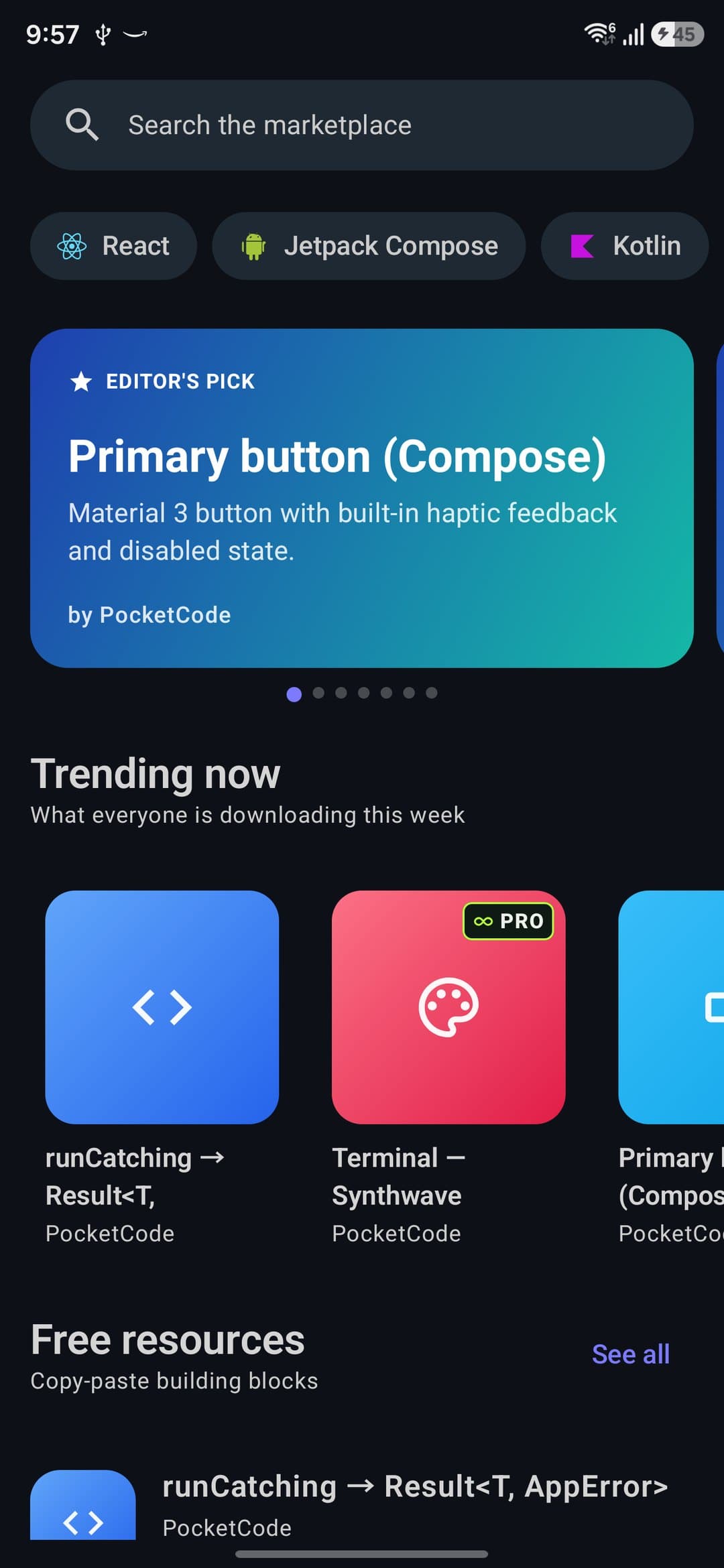 The marketplace home: search, React, Jetpack Compose and Kotlin filters, the editor's pick, Trending now and Free resources