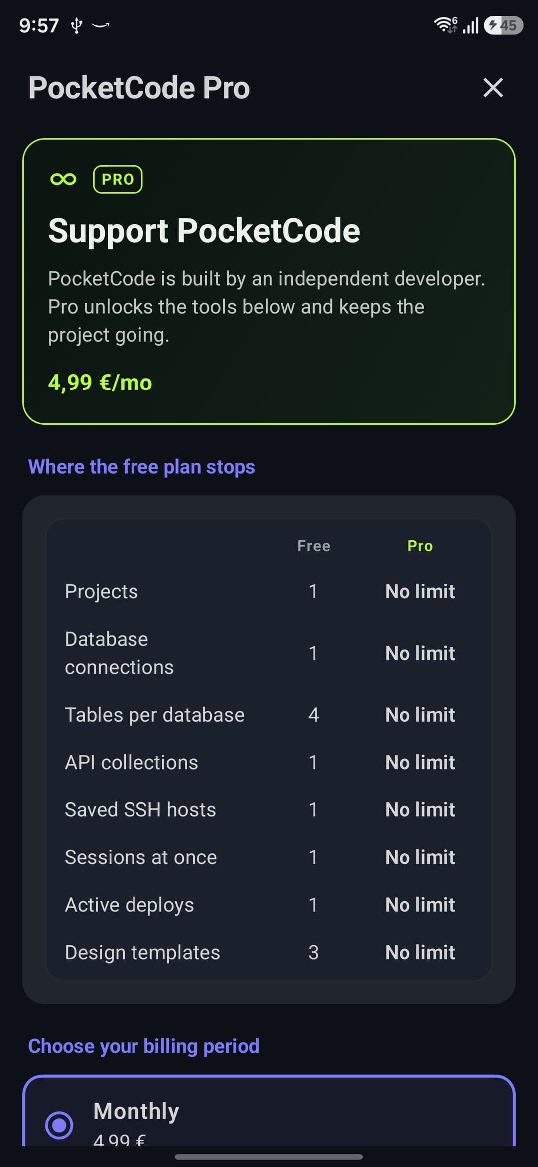 The PocketCode Pro paywall on a phone: the Support PocketCode header with 4,99 euros per month, the table of eight Free caps against No limit, and the start of the Monthly billing period
