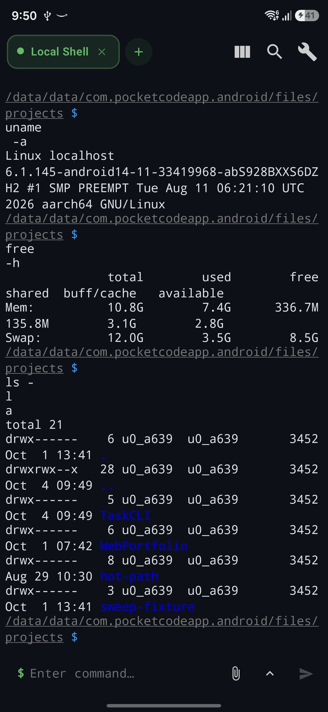 The local shell on a phone after uname -a, free -h and ls -la, with the Local Shell tab and the input bar