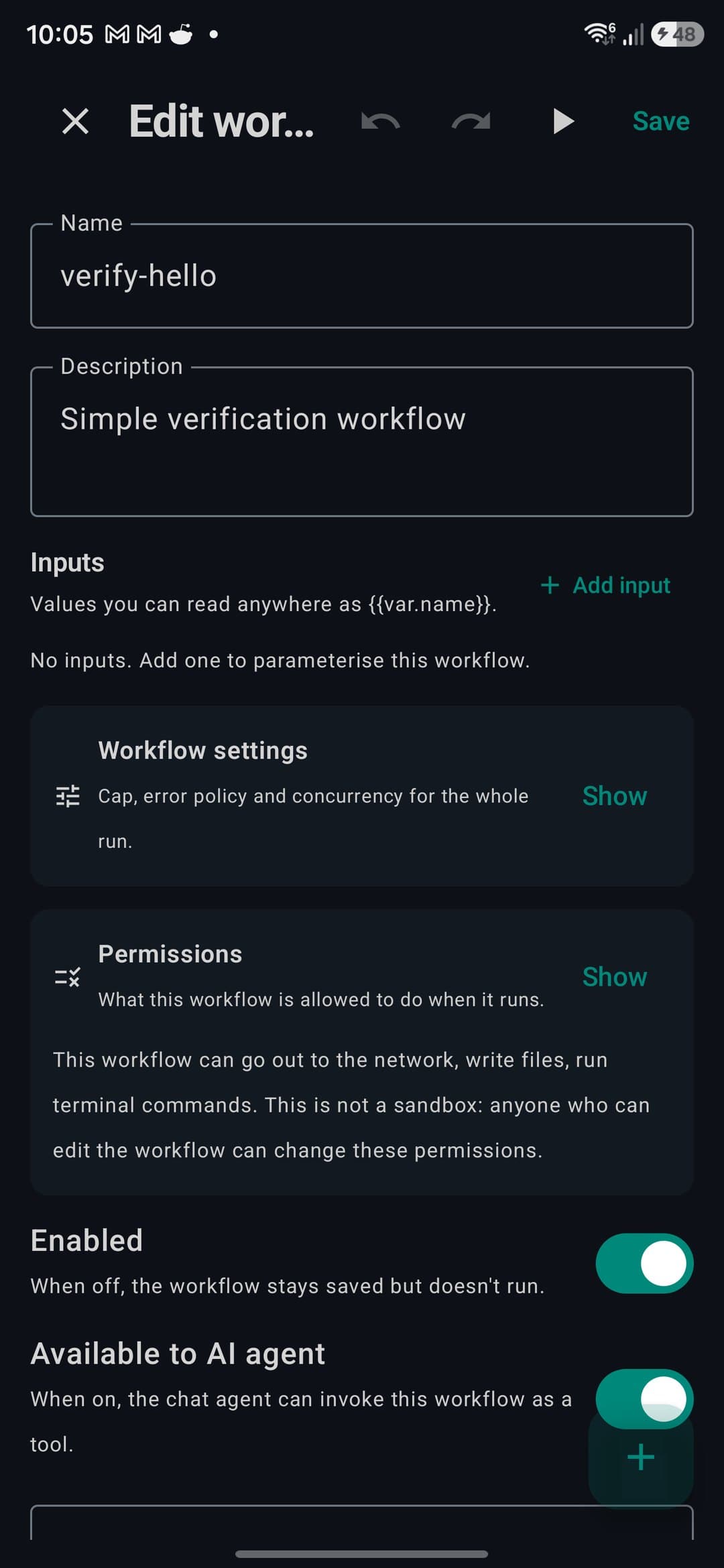 The workflow editor on a phone: name, description, Inputs, Workflow settings, Permissions, and the Enabled and Available to AI agent switches