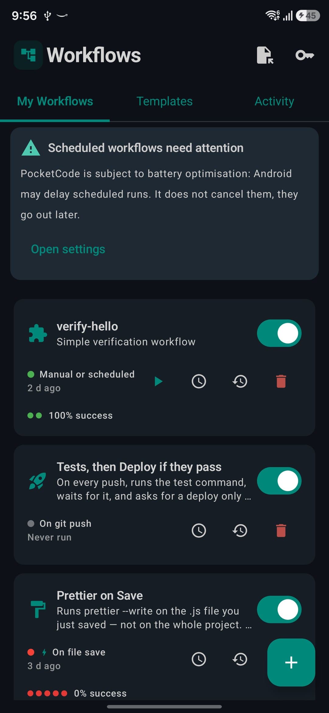 My Workflows on a phone with the three tabs, the battery-optimisation banner and cards for verify-hello, Tests then Deploy if they pass and Prettier on Save with their health dots