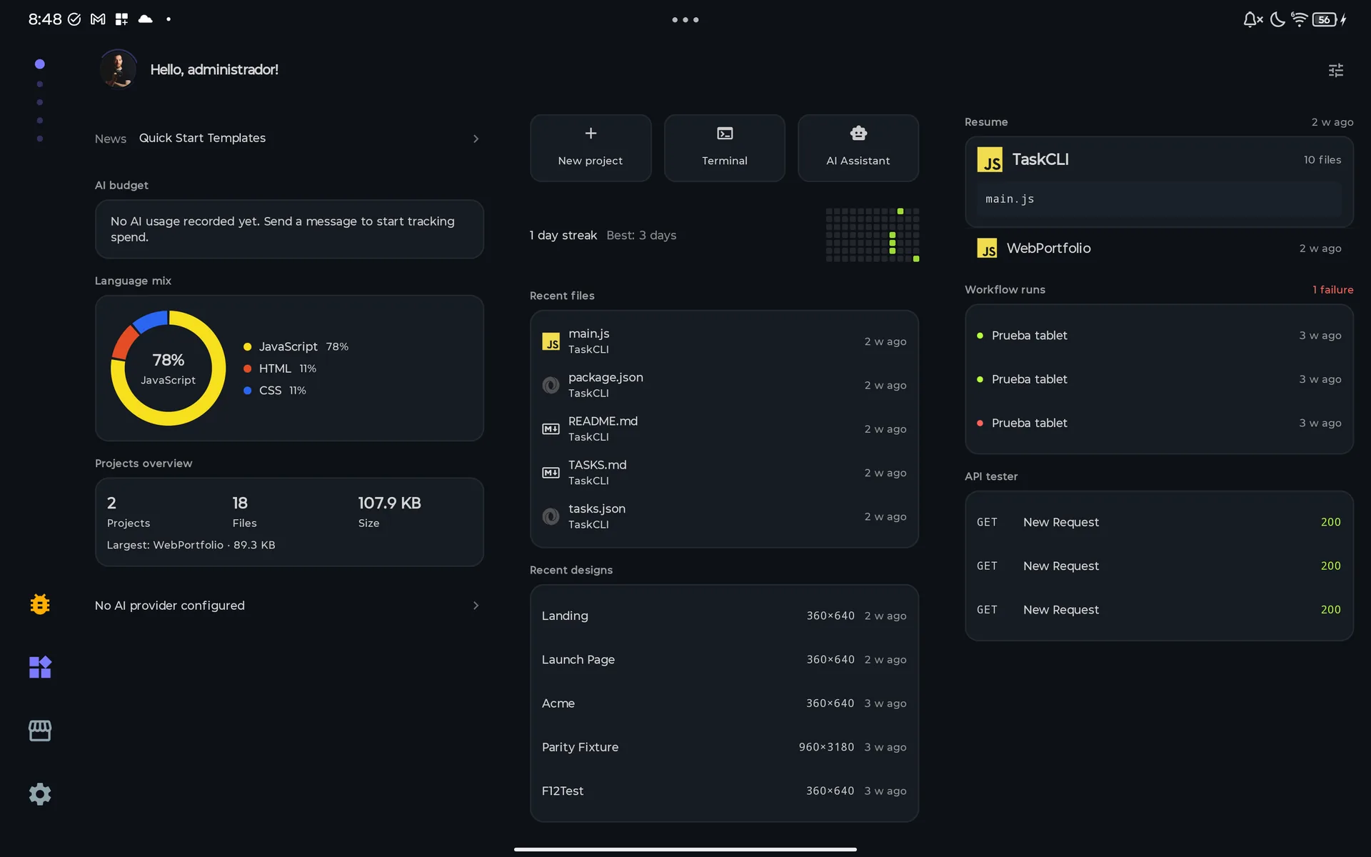 PocketCode Home on a tablet in landscape: three columns with News, AI budget, Language mix and Projects overview, the quick tiles and the streak, Recent files and Recent designs, Resume, Workflow runs and API tester