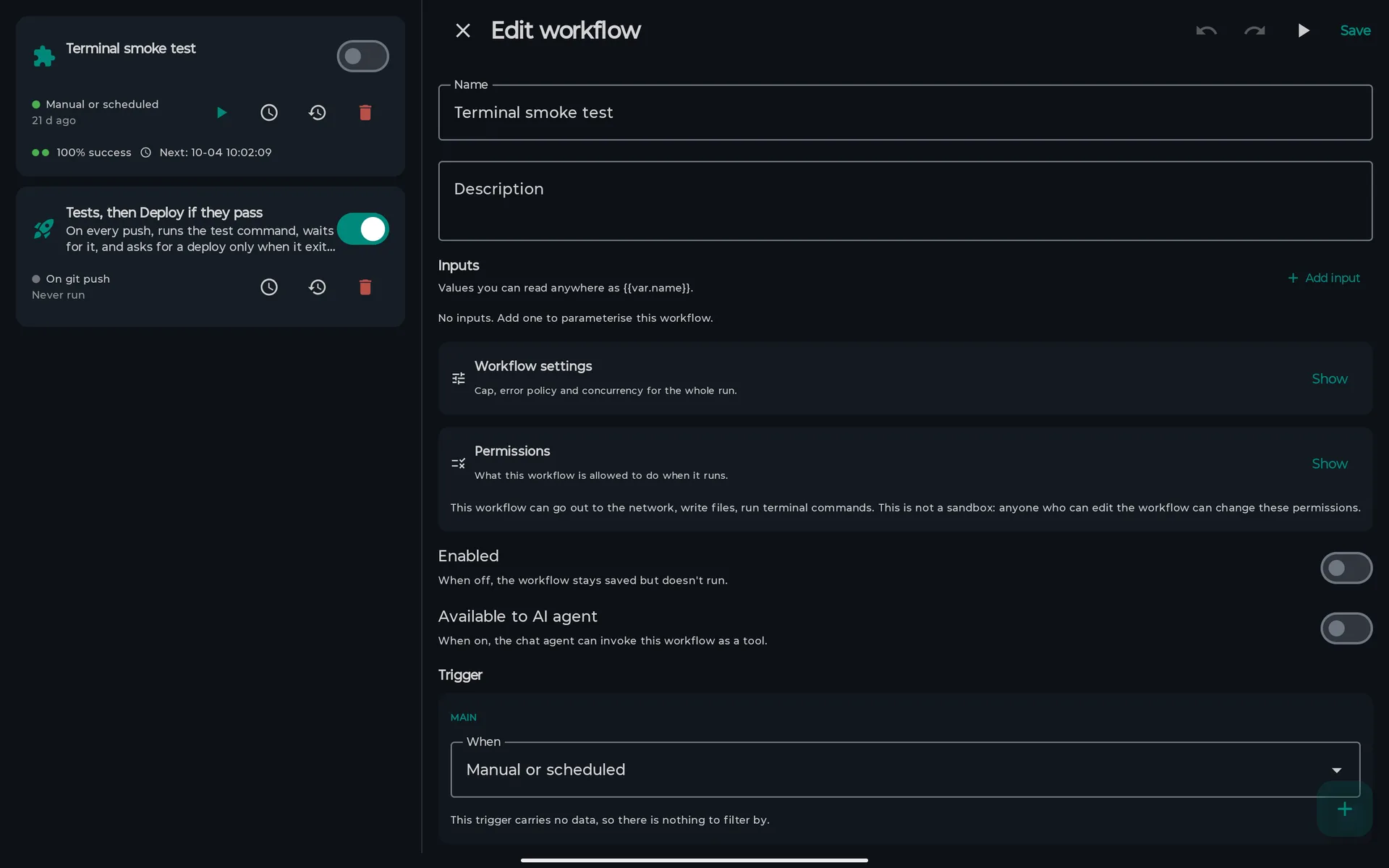 Two panes on a tablet: the workflow list on the left and the Edit workflow screen on the right with Inputs, Workflow settings, Permissions, Enabled, Available to AI agent and Trigger