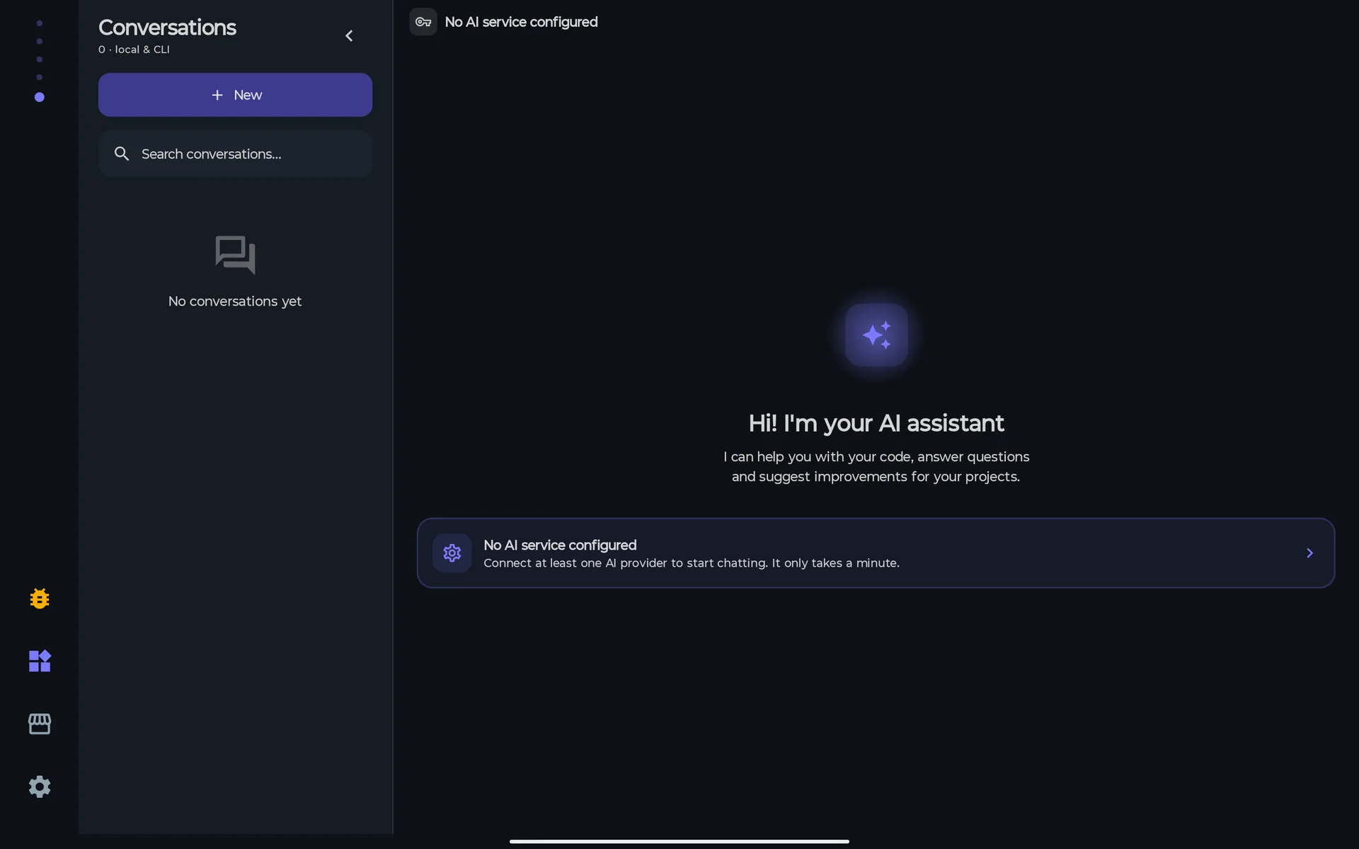 The AI Chat page on a tablet in landscape before any provider is connected: the Conversations panel with New, Search conversations and No conversations yet, the greeting Hi! I'm your AI assistant and the card No AI service configured