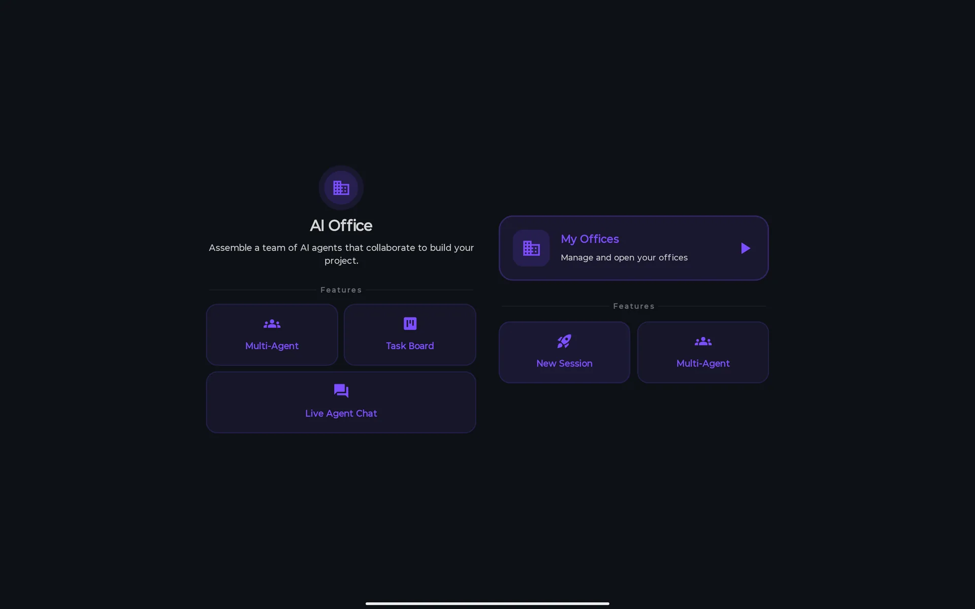 AI Office start screen on a tablet: My Offices plus New Session, Multi-Agent, Task Board and Live Agent Chat