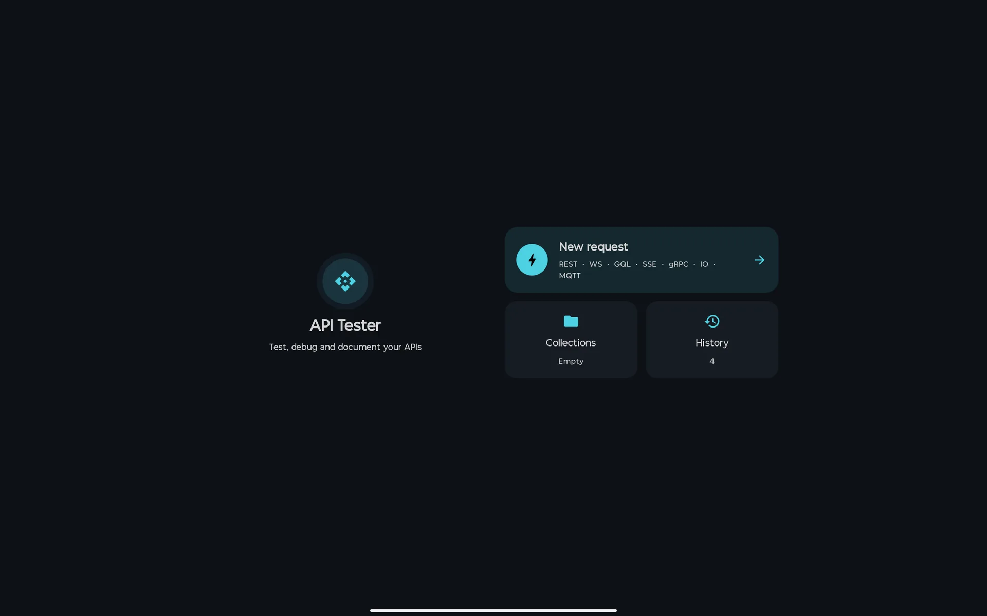 API Tester start screen on a tablet: New request listing REST, WebSocket, GraphQL, SSE, gRPC, Socket.IO and MQTT, with Collections and History