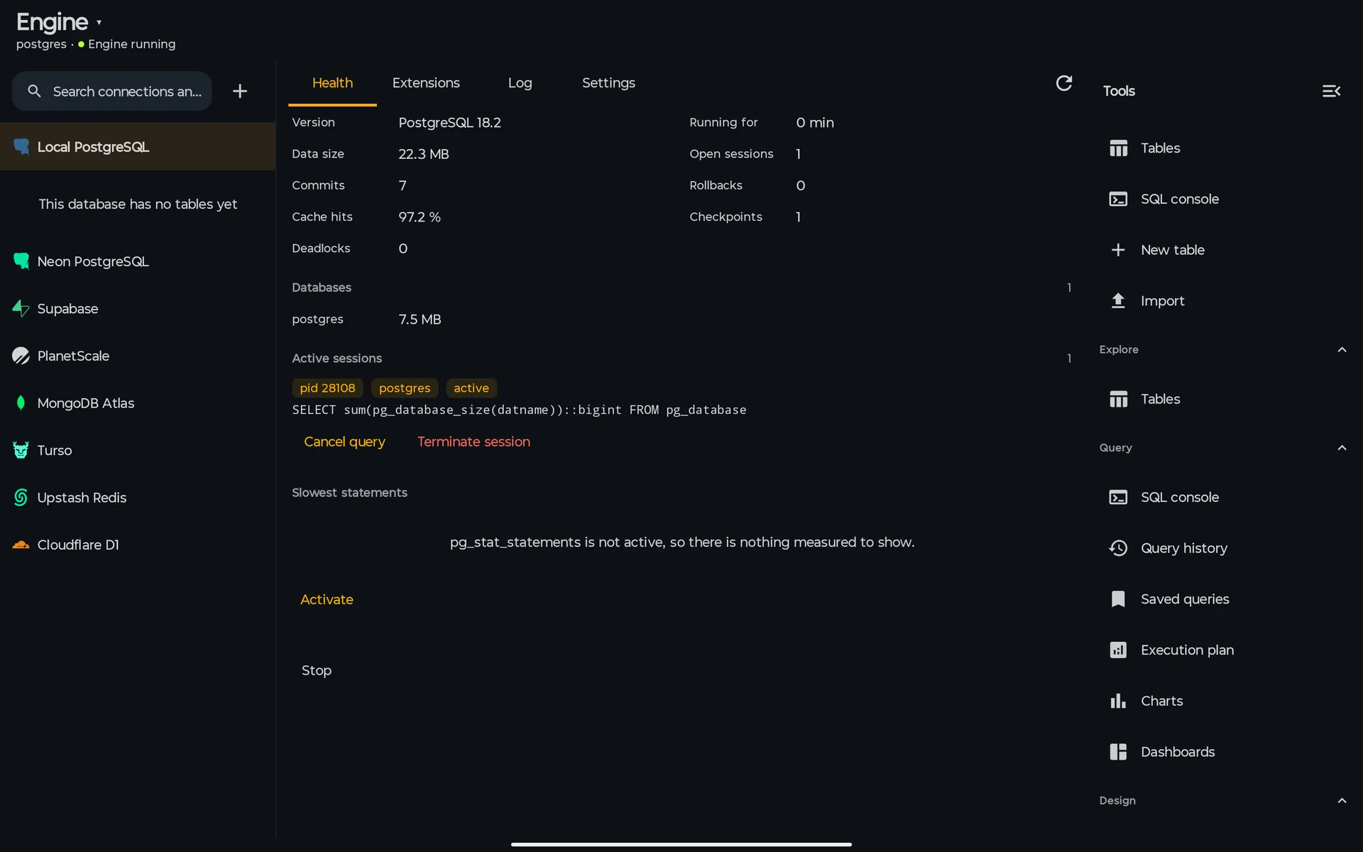 Landscape tablet: connection list on the left, Engine Health tab with PostgreSQL 18.2, sessions and slowest statements in the middle, and the Tools rail on the right