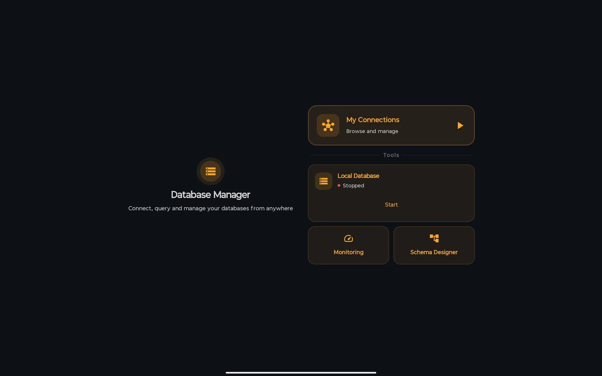 Database Manager start screen on a tablet: My Connections, the Local Database card stopped with only Start, Monitoring and Schema Designer