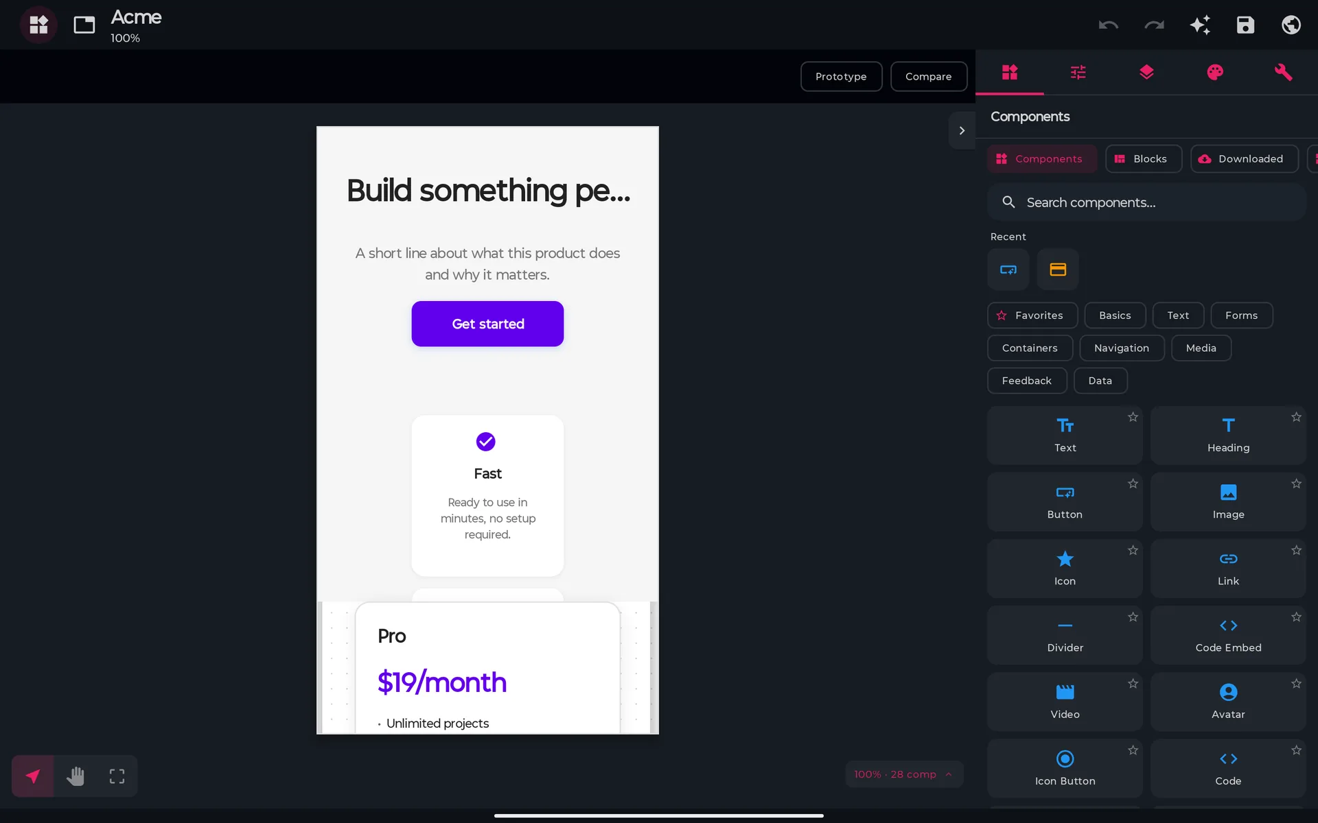 The designer on a tablet in landscape: canvas on the left with a landing page, docked side panel on the right with the component palette open