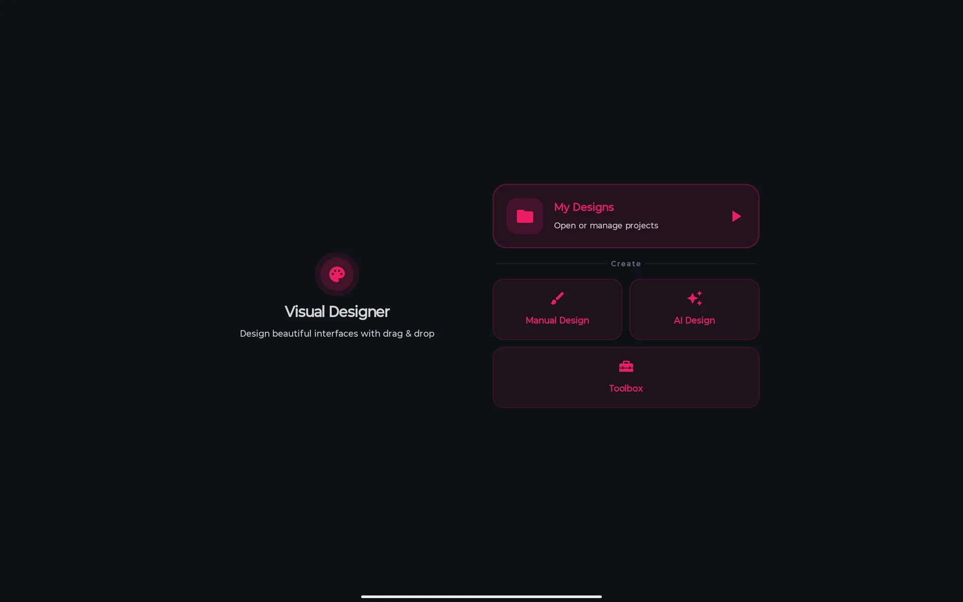 Visual Designer start screen with My Designs on top and Manual Design, AI Design and Toolbox below