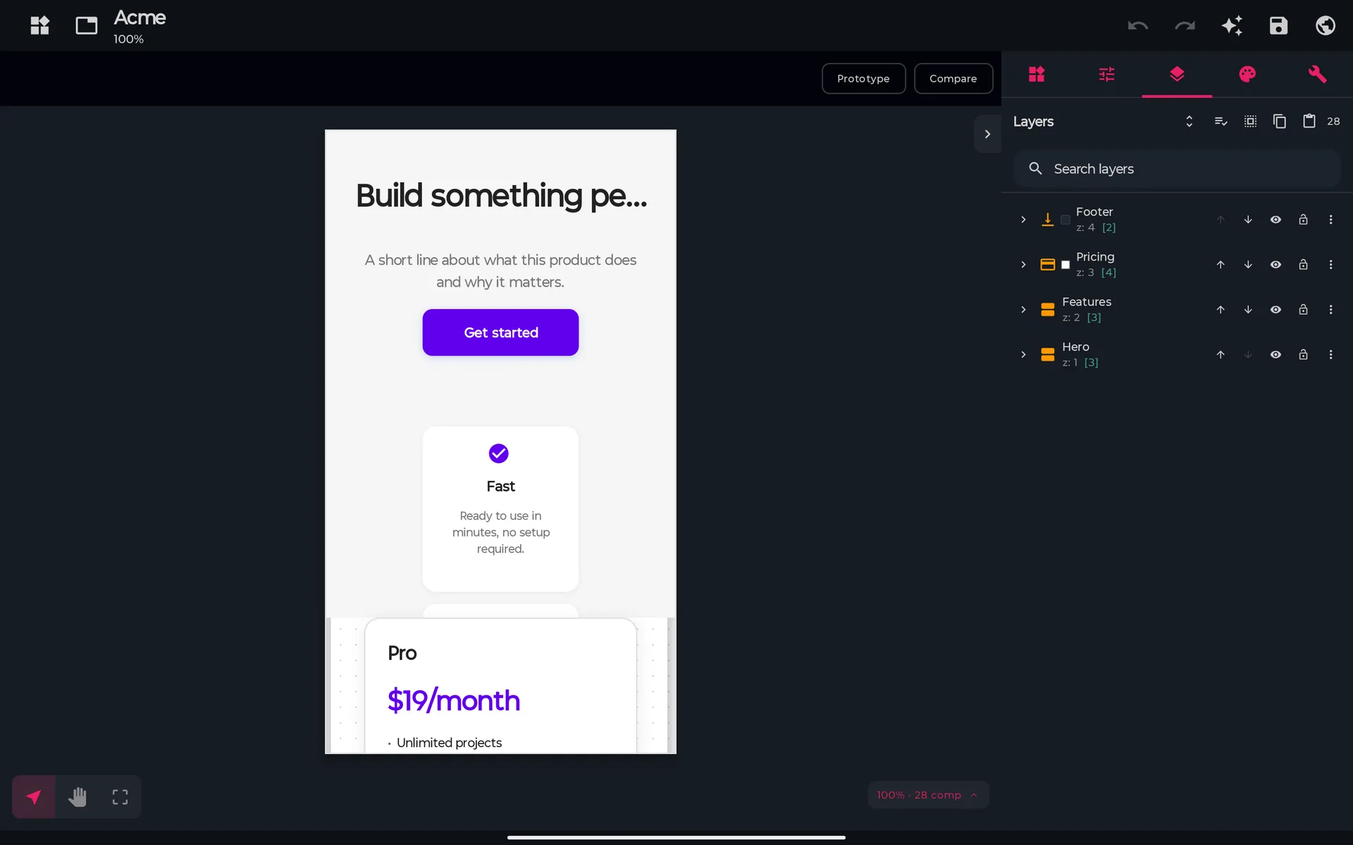 Layers tab listing Footer, Pricing, Features and Hero with their z order, child count, move, hide, lock and menu buttons