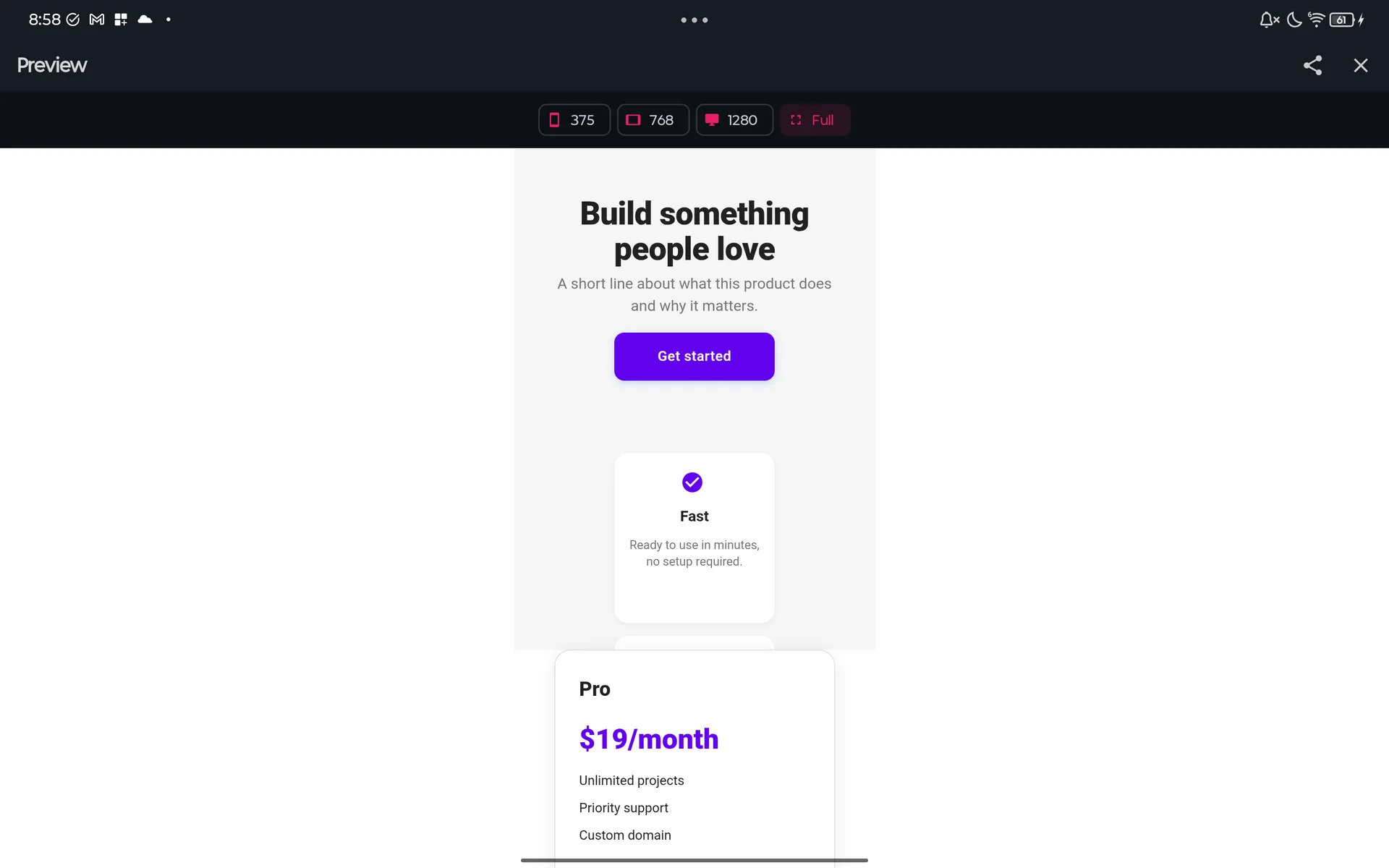 Full-screen Preview with the 375, 768, 1280 and Full width chips and the share and close buttons