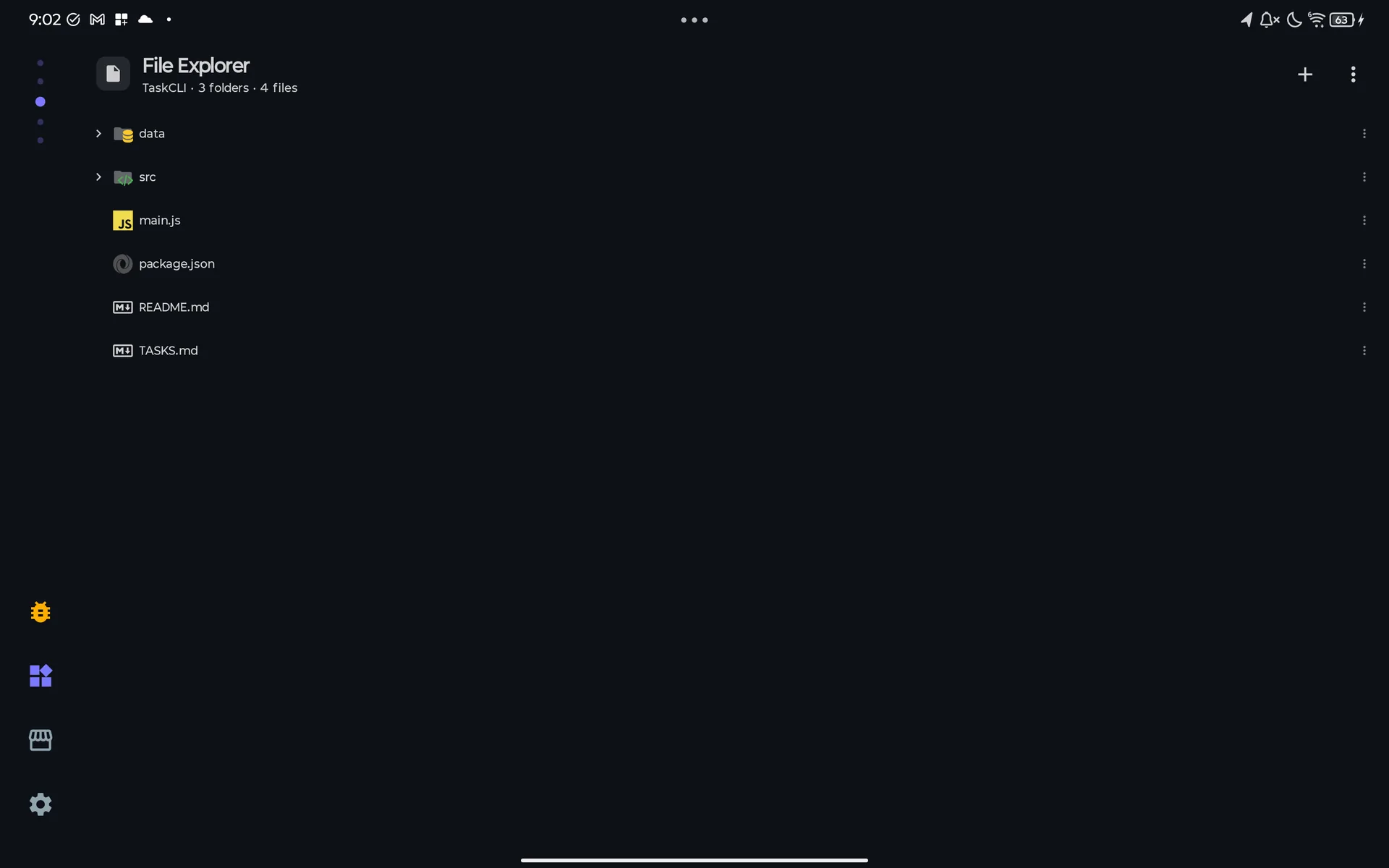 The File Explorer page of the pager on a tablet showing the TaskCLI project with 3 folders and 4 files and the icon rail on the left
