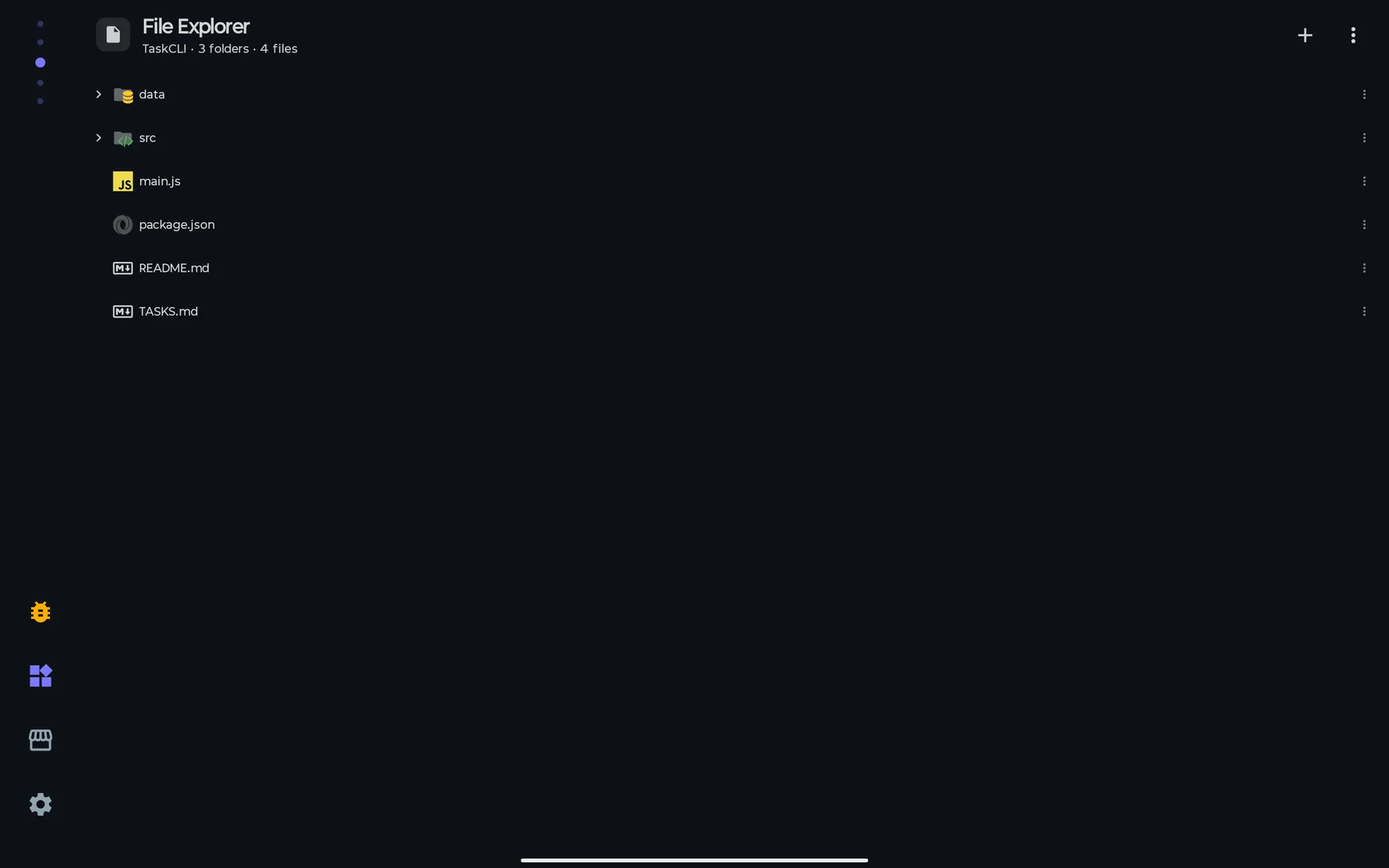 PocketCode Files page on a tablet: the File Explorer header with the TaskCLI project and the counter 3 folders, 4 files, the + and ⋮ buttons, the data and src folders with their own icons, and main.js, package.json, README.md and TASKS.md