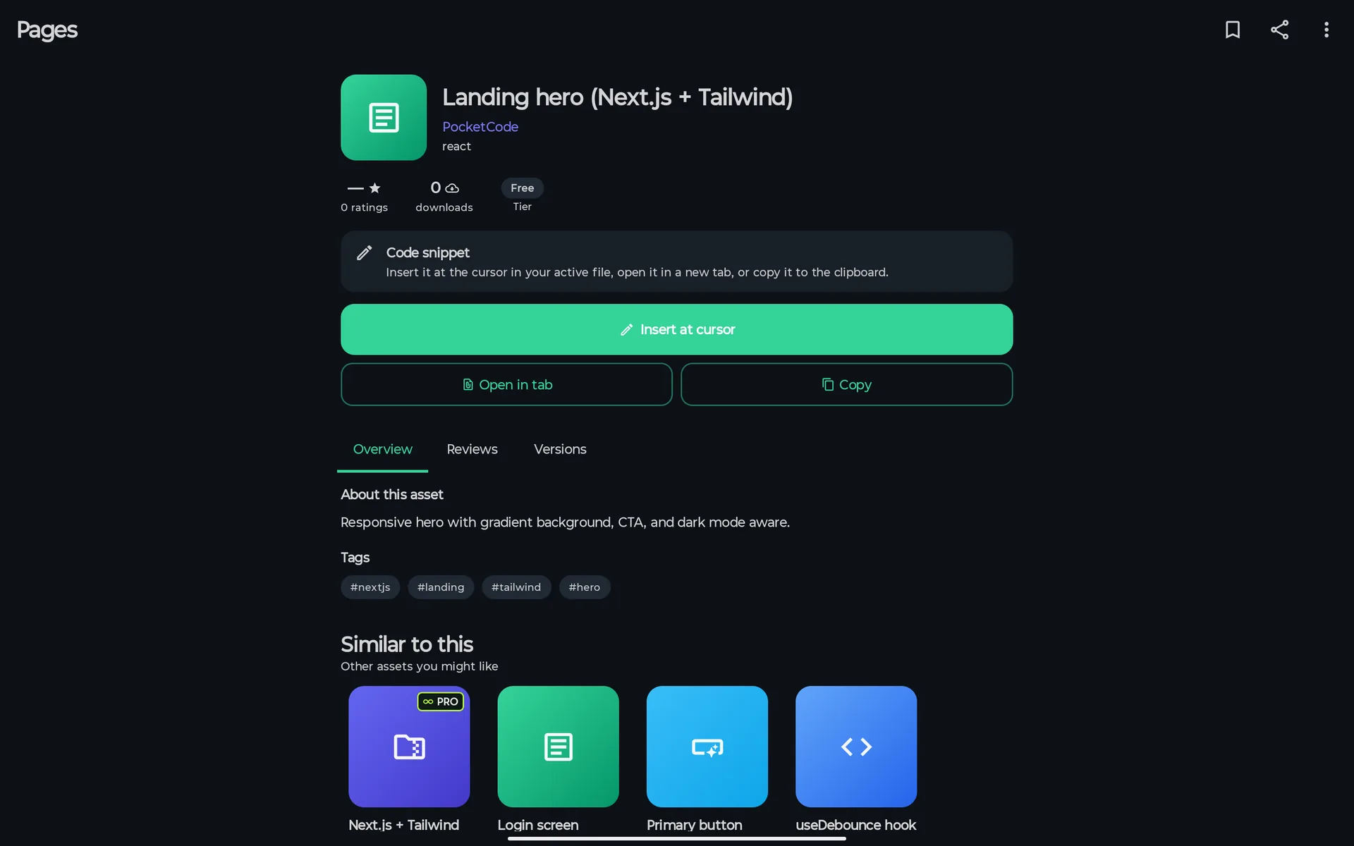 An asset page on a tablet: Pages title bar with Bookmark, Share and a menu, Landing hero (Next.js + Tailwind), rating, downloads and Free tier, the Code snippet card, Insert at cursor, Open in tab and Copy, the Overview, Reviews and Versions tabs, Tags and Similar to this