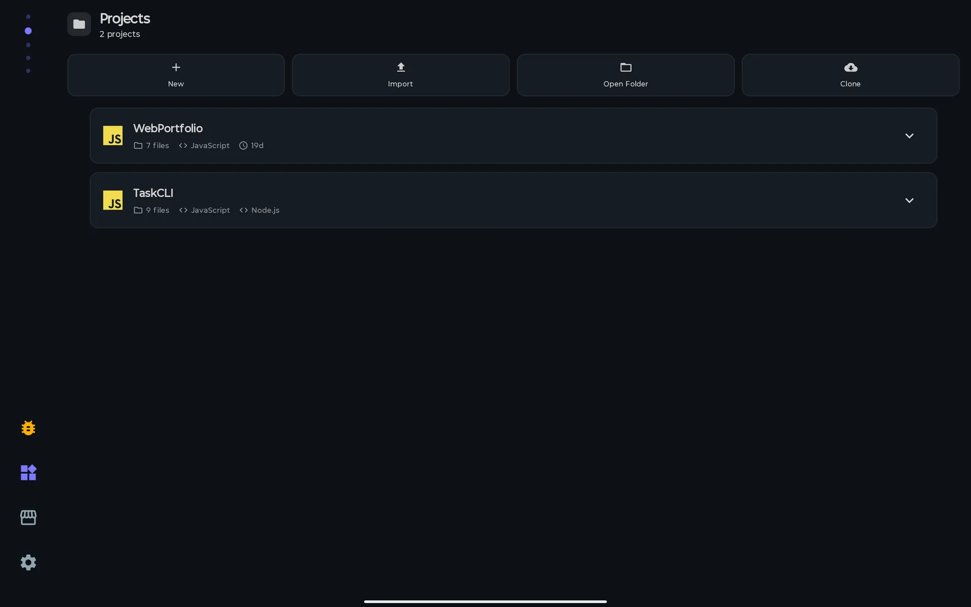 PocketCode Projects page on a tablet with the New, Import, Open Folder and Clone tiles and two project cards, WebPortfolio and TaskCLI